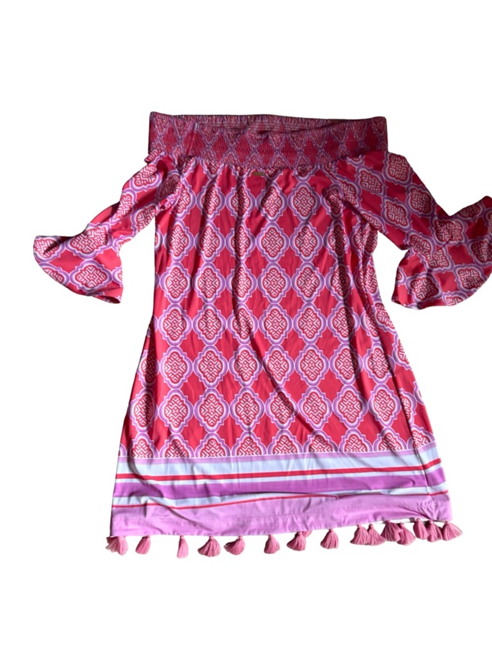 Cabana Life Coral Geo Smocked Off The Shoulder Tassel Dress L